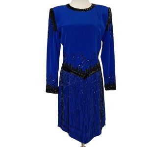 1980’s Fabrice Silhouette Henri Bendel Blue Long Sleeve Dress with Black Beading